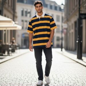 SHEIN Men's Polo Shirt in Navy and Yellow Stripes